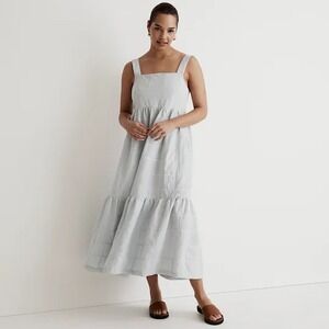 Madewell Cicely Tiered Midi Dress Patchwork Striped Earthsea Seersucker Blue‎ 2